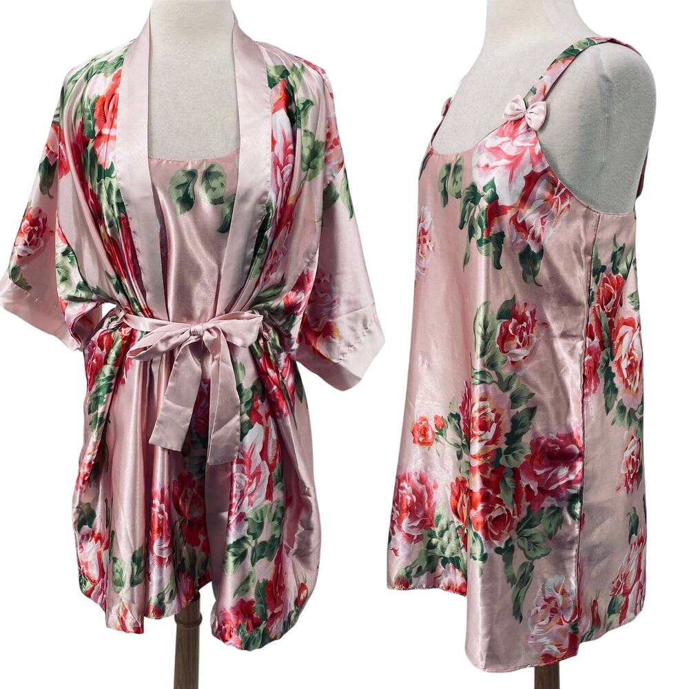Vintage 90s Y2k Satin Floral Robe & Nightgown Set Bow Detail Pink Womens S/M